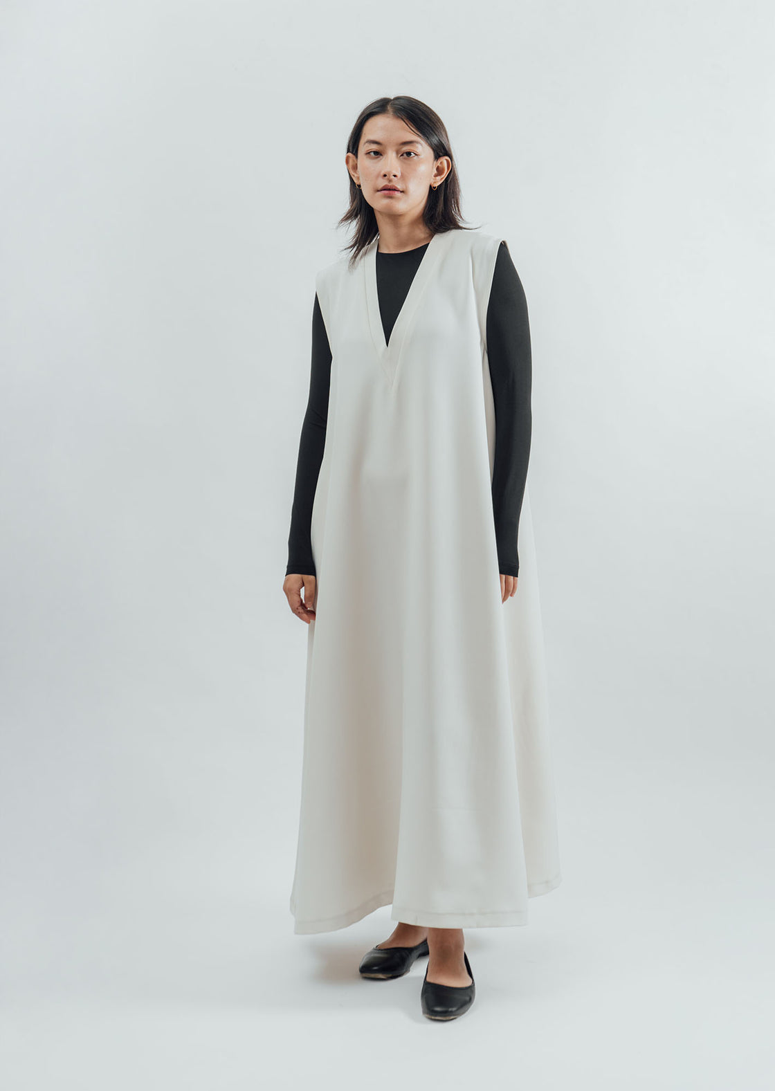 V-Neck Flared Long Dress - Off-White