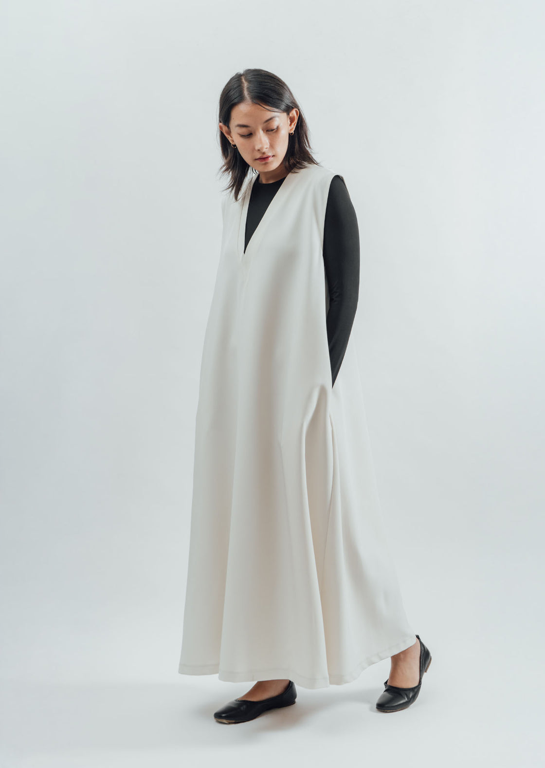 V-Neck Flared Long Dress - Off-White