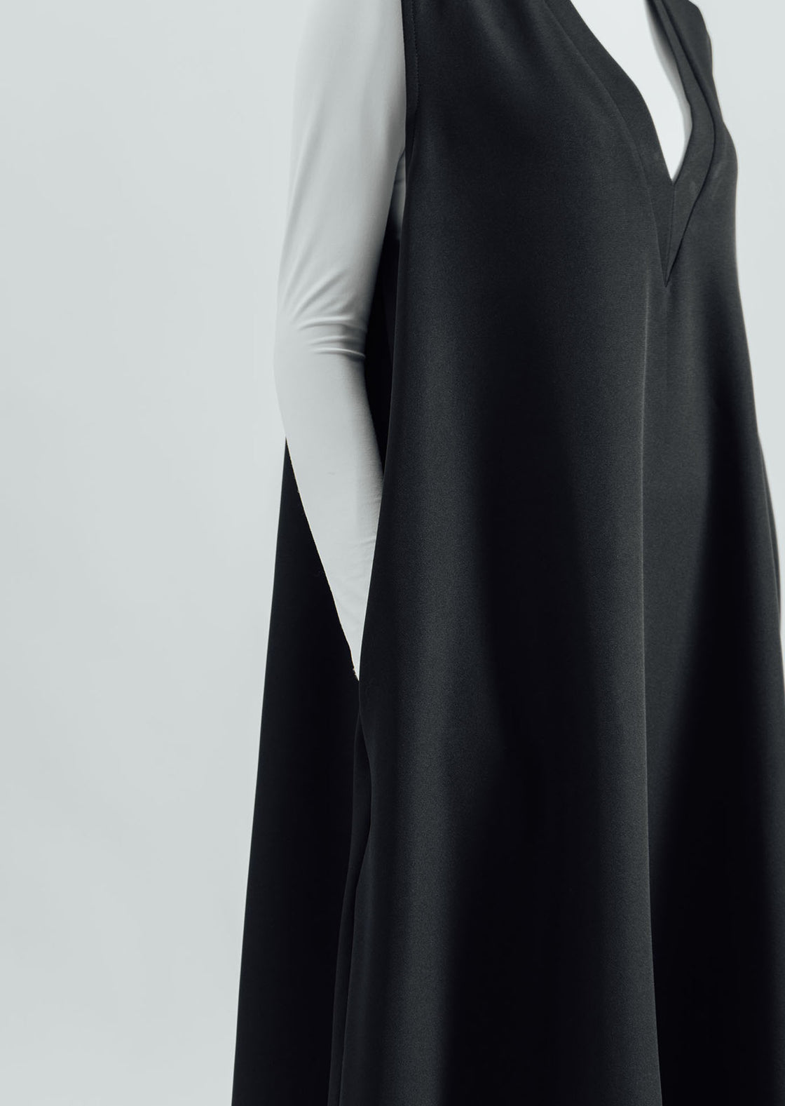 V-Neck Flared Long Dress - Black