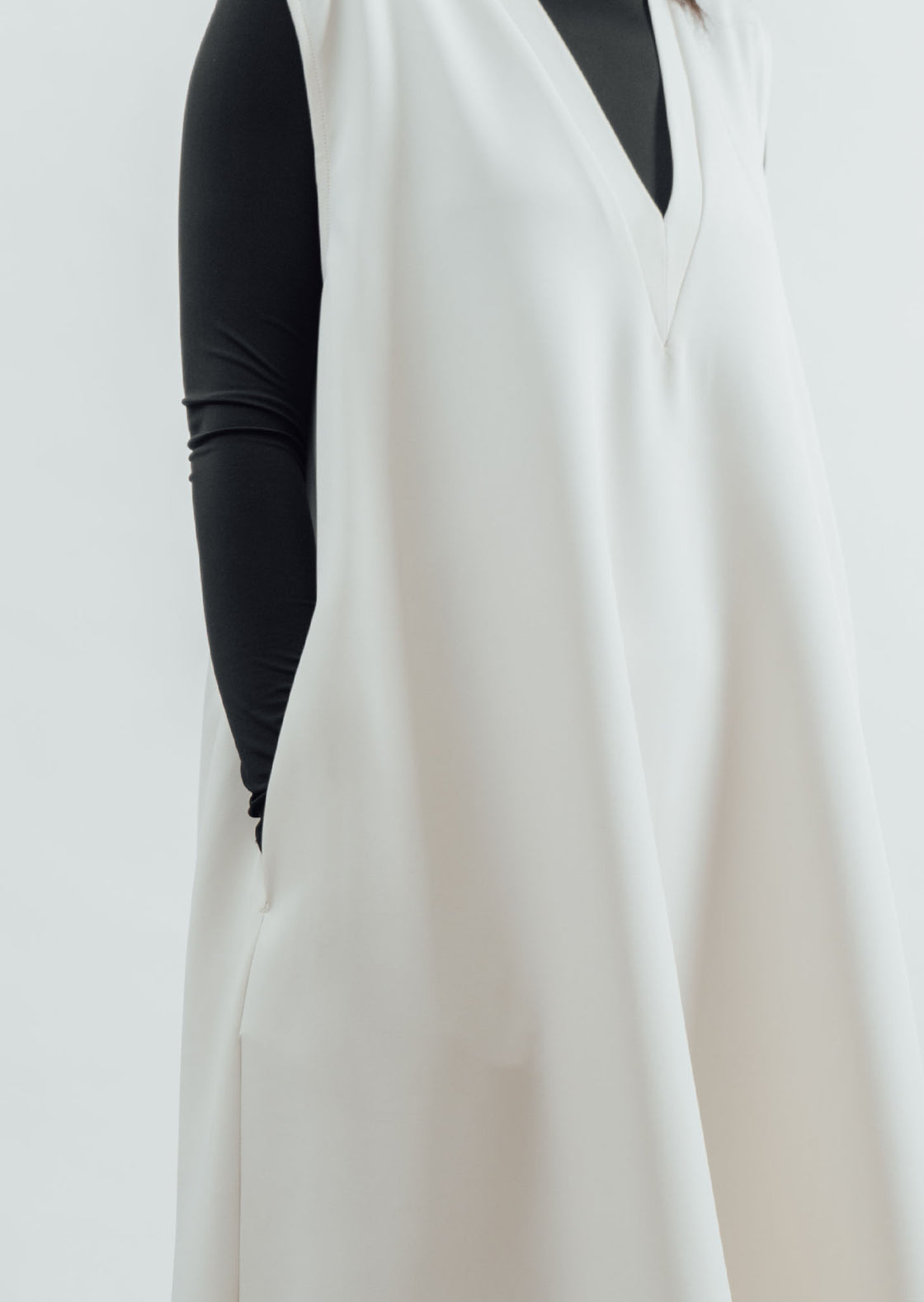 V-Neck Flared Long Dress - Off-White