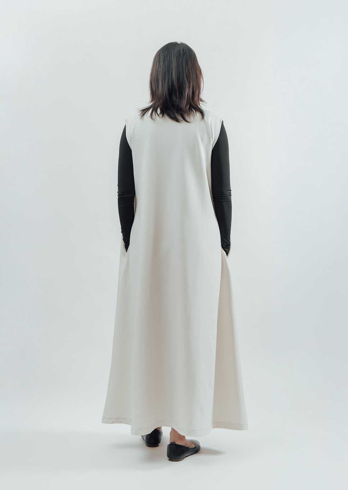 V-Neck Flared Long Dress - Off-White