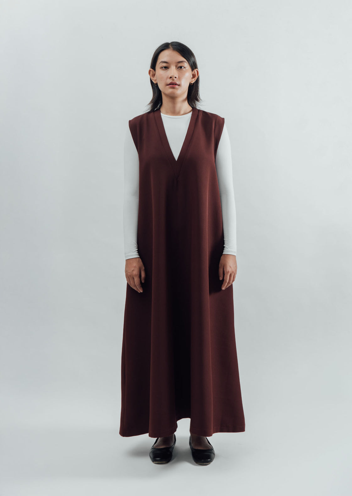 V-Neck Flared Long Dress - Brown