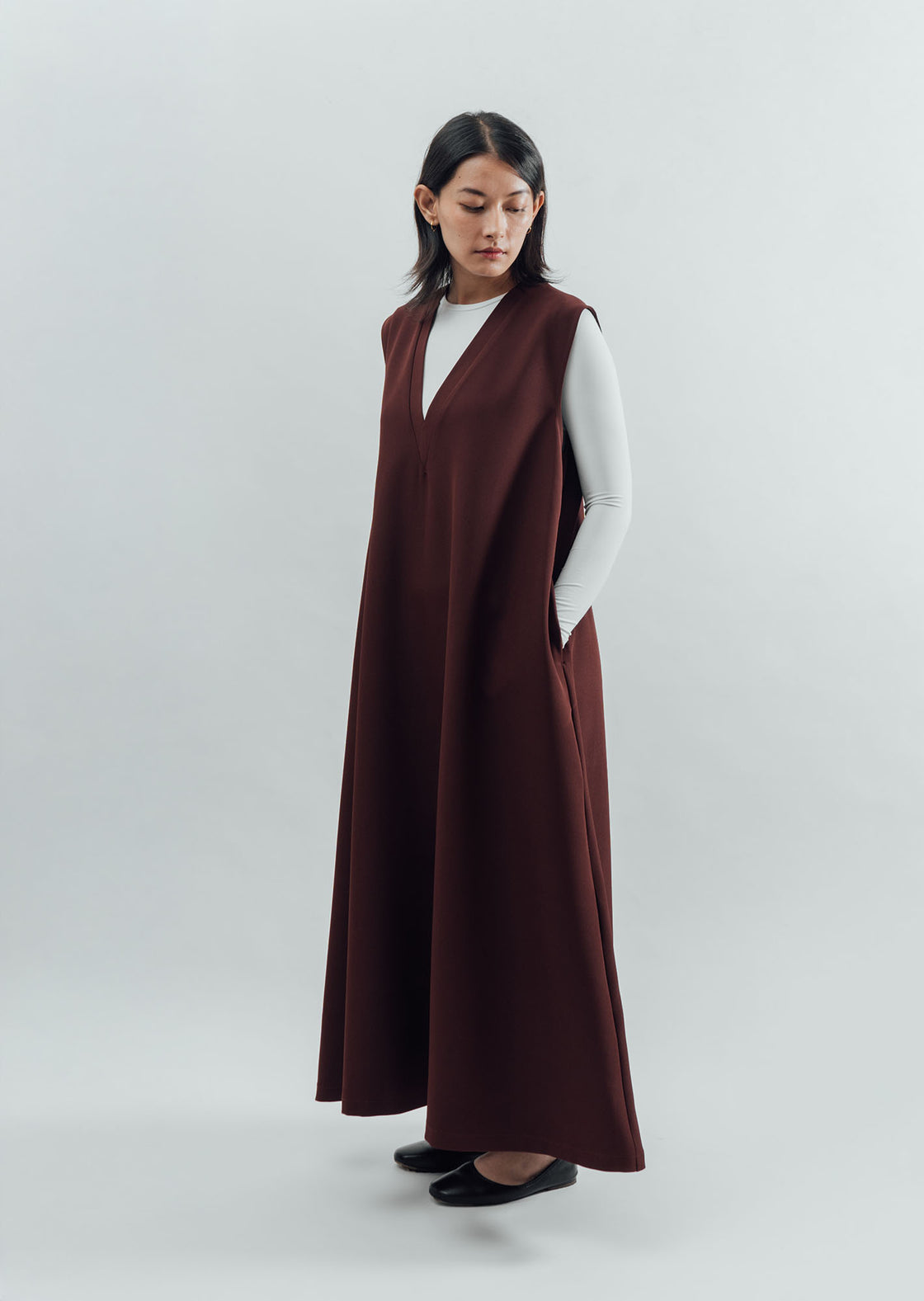 V-Neck Flared Long Dress - Brown