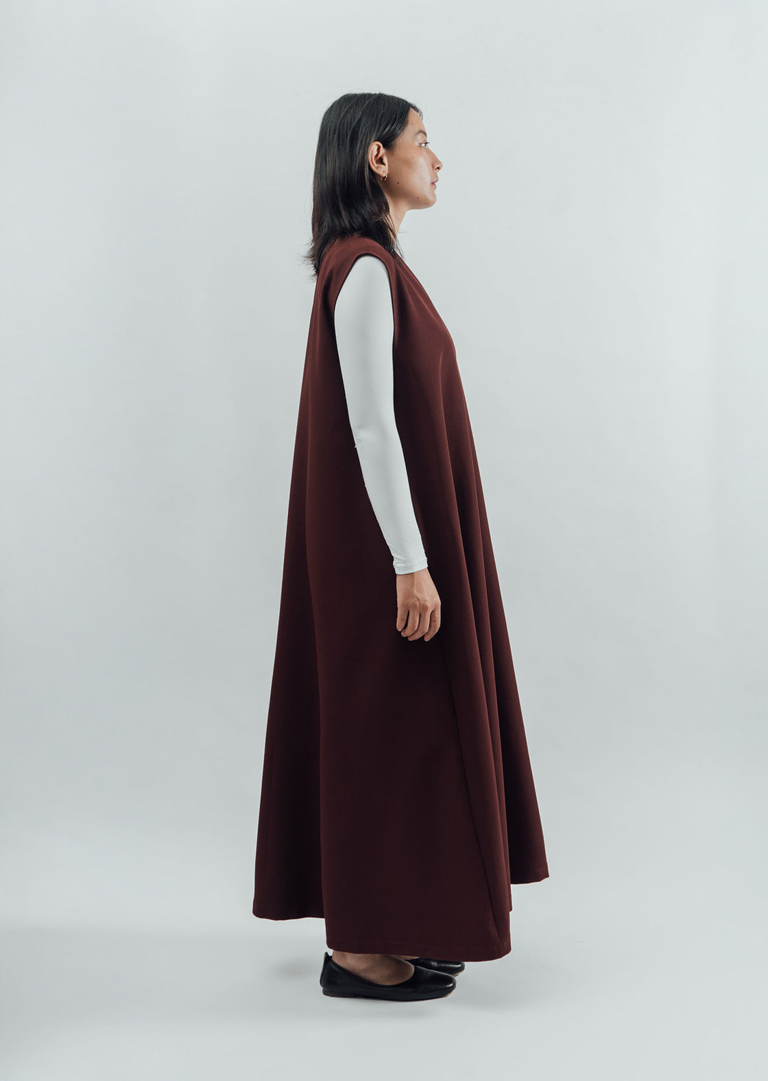 V-Neck Flared Long Dress - Brown