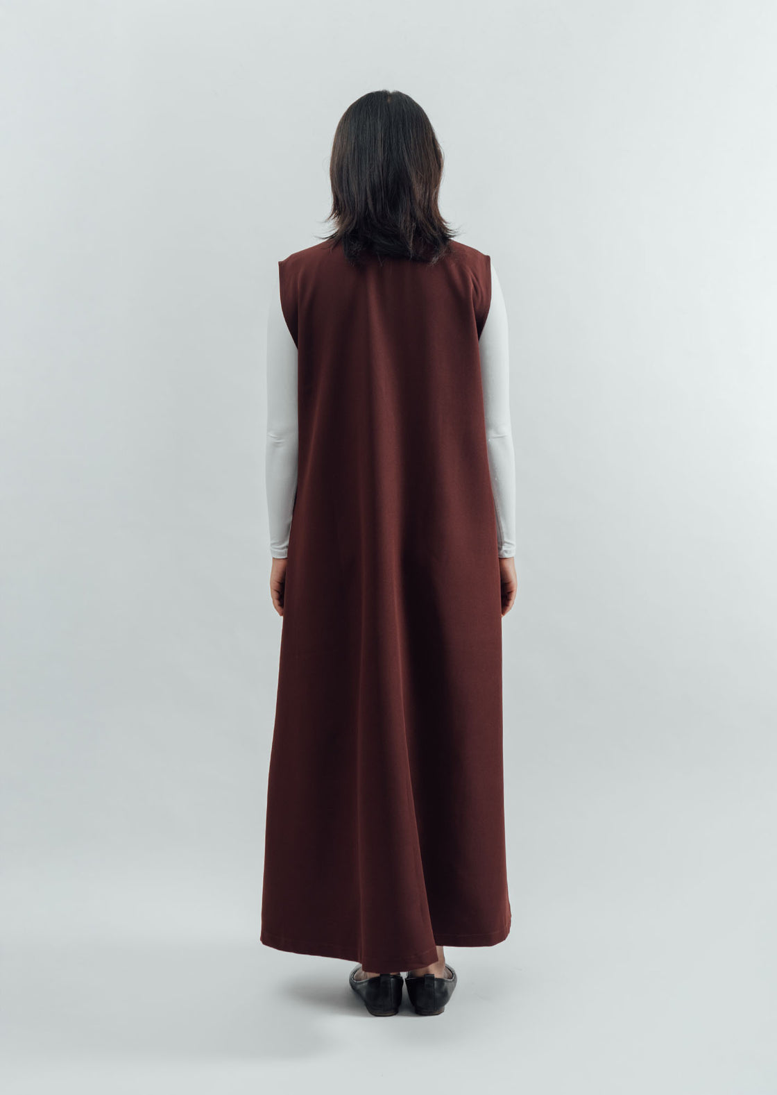 V-Neck Flared Long Dress - Brown